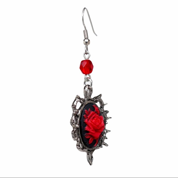 Red Rose w/ Thorns Dangle Earrings Gothic Vampire - Picture 5 of 6